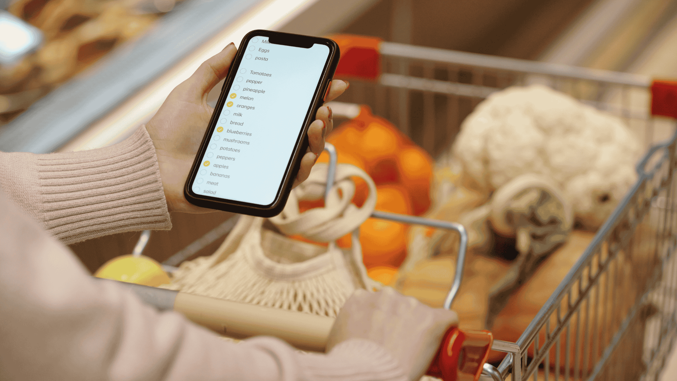 a shopping list of clean foods on a mobile phone. Person holding the phone while shopping for clean foods. 