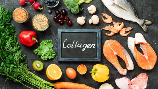 Flat image of foods all representing collagen in the debate of collagen vs. gelatin