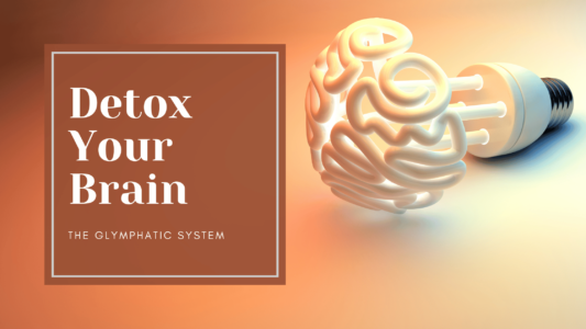 Picture of the brain with text talking about detoxifying with the glymphatic system