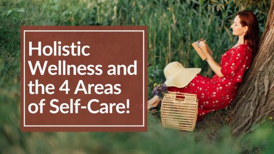 woman in red dress leaning up against a tree, reading in nature practicing the 4 areas of self-care