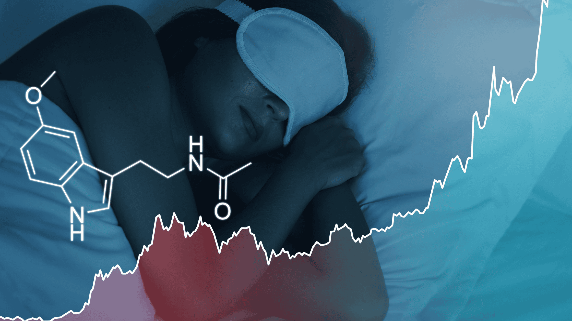 Melatonin chemical graphic overlayed on top of a woman sleeping.