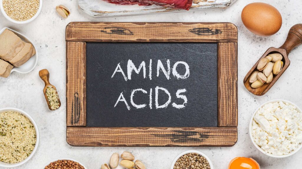 Overlay of foods containing amino acids for leaning amino acids 101
