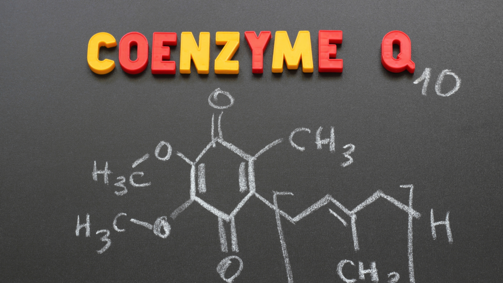 magnetic letters on chalkboard to show what is coenzyme Q10 with molecular chalk drawing