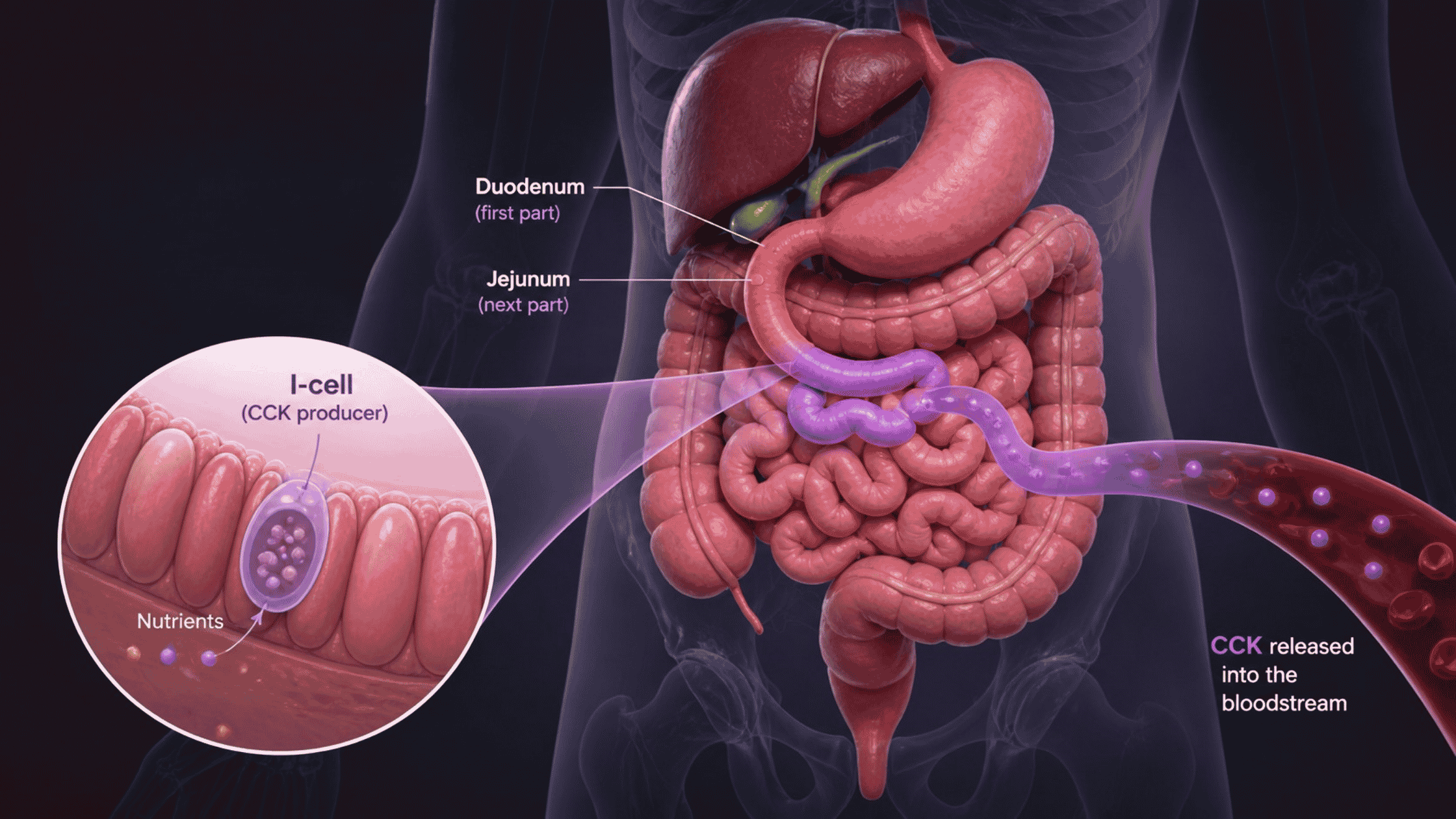 his peptide hormone contains 8 amino acids and is one of several molecular forms that regulate digestion, gallbladder function, and appetite control. Cholecystokinin is produced by specialized I-cells in the duodenum and jejunum (first sections of your small intestine) and released into the bloodstream in response to the presence of food—especially fats and proteins