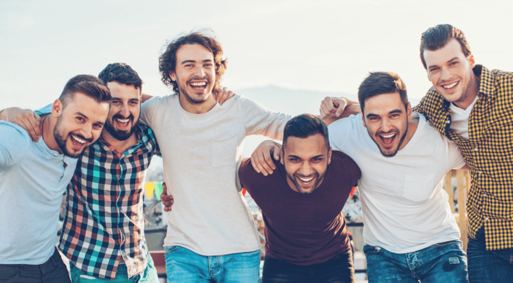 a group of happy men to support testosterone hormone facts. 