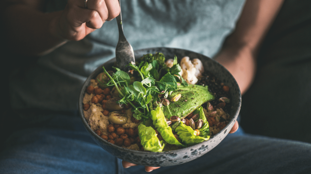 close up of a bowl of various foods including avocado, and a fork