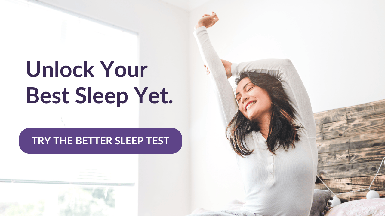 Woman in bed smiling and stretching after a good nights sleep. TEXT: Unlock your best sleep yet!