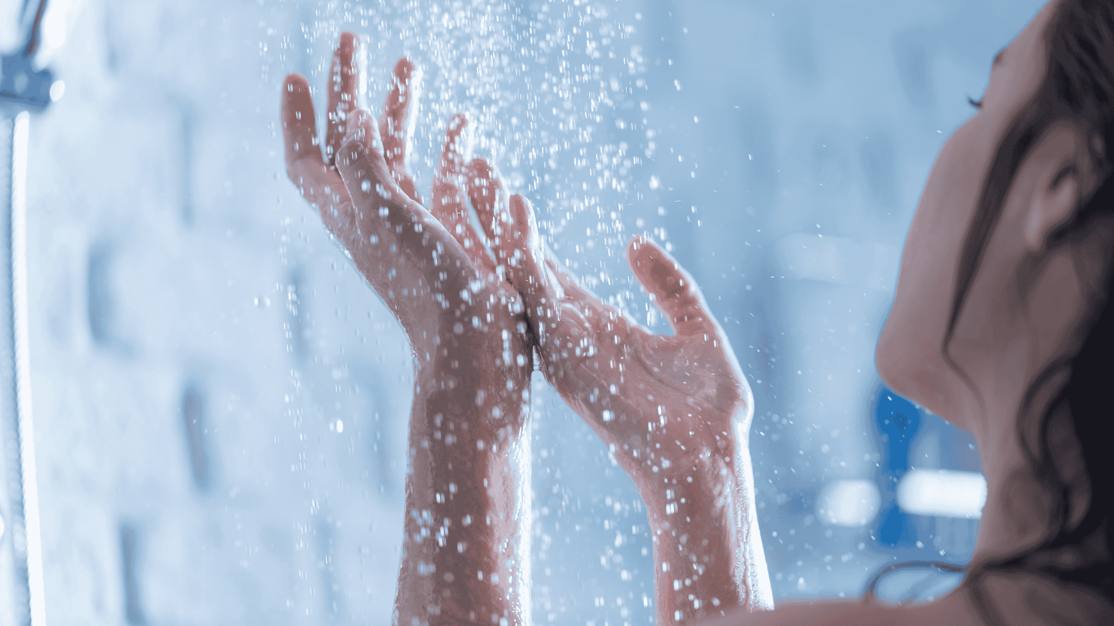 Woman in a cold shower.