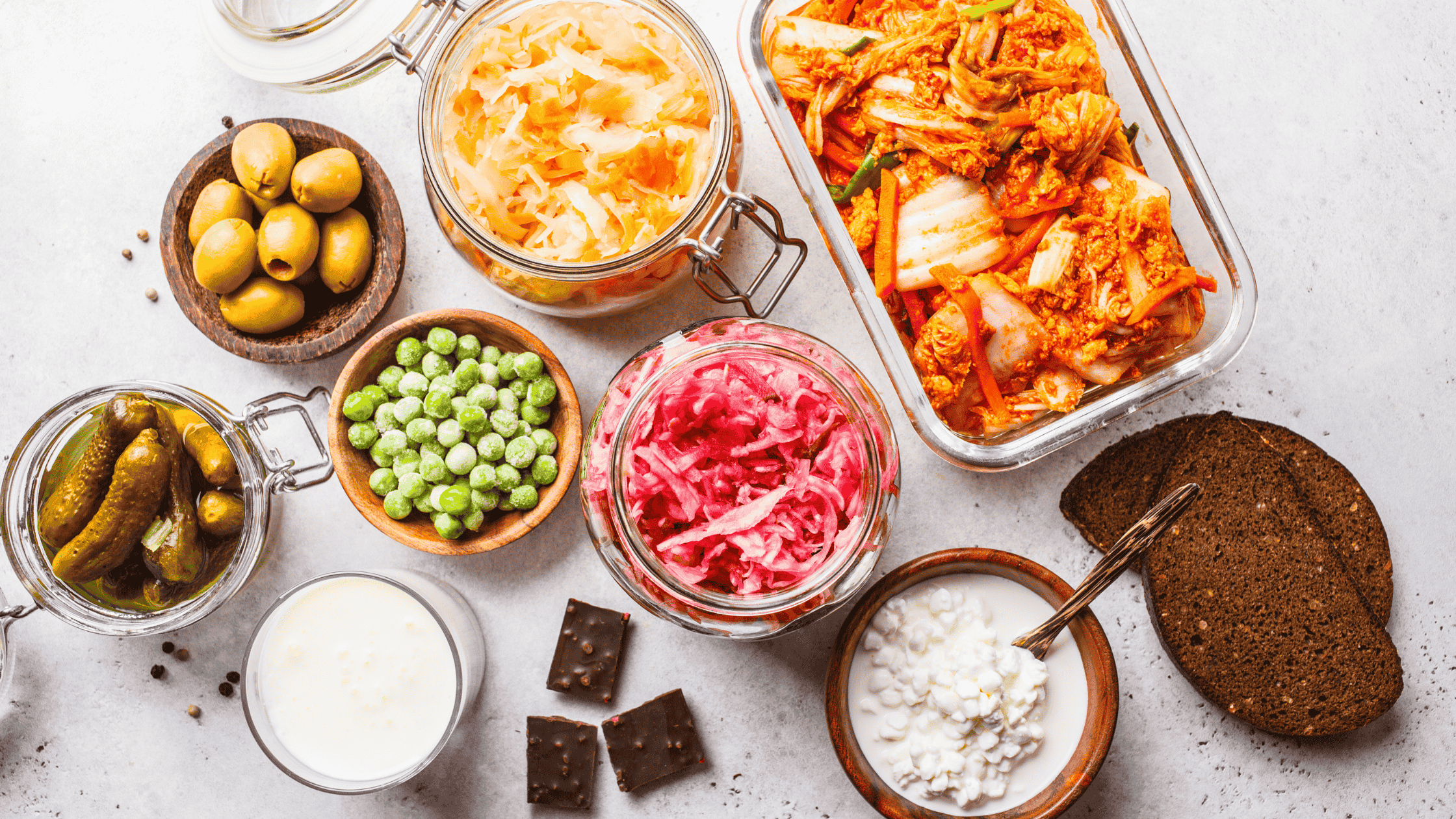 A variety of fermented or probiotic-rich foods like olives, pickles, sauerkraut, kimchi and more. 