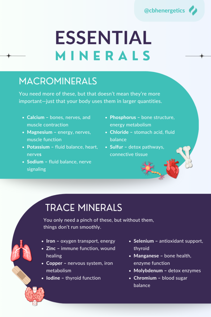This is an infographic that list the essential minerals for health. It breaks down into macrominerals and trace minerals.