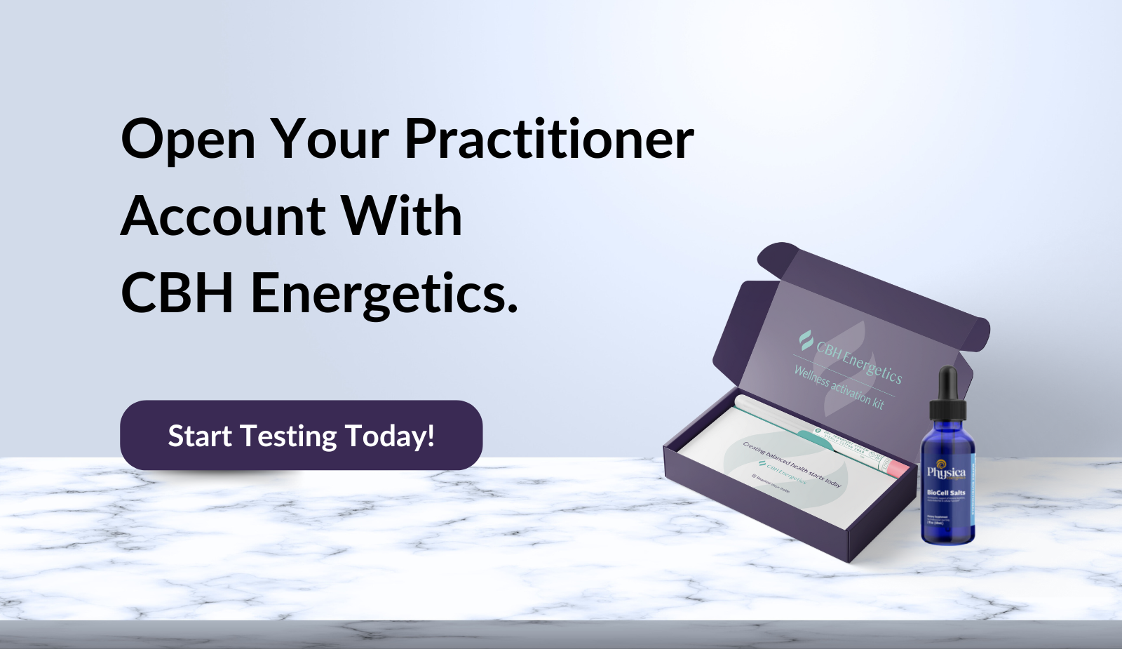 CBH Energetics bioenergetic test kit on white counter with blue background