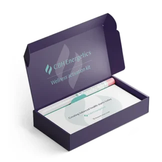rendering of a CBH Energetics hair and saliva test kit purple ox open to display swab and instructions