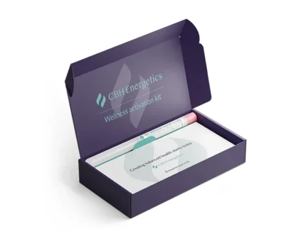 rendering of a CBH Energetics hair and saliva test kit purple ox open to display swab and instructions